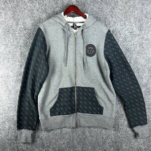 Warrior Hoodie Mens Large Gray Black Kangaroo Pockets Full Zip Rubber Logo